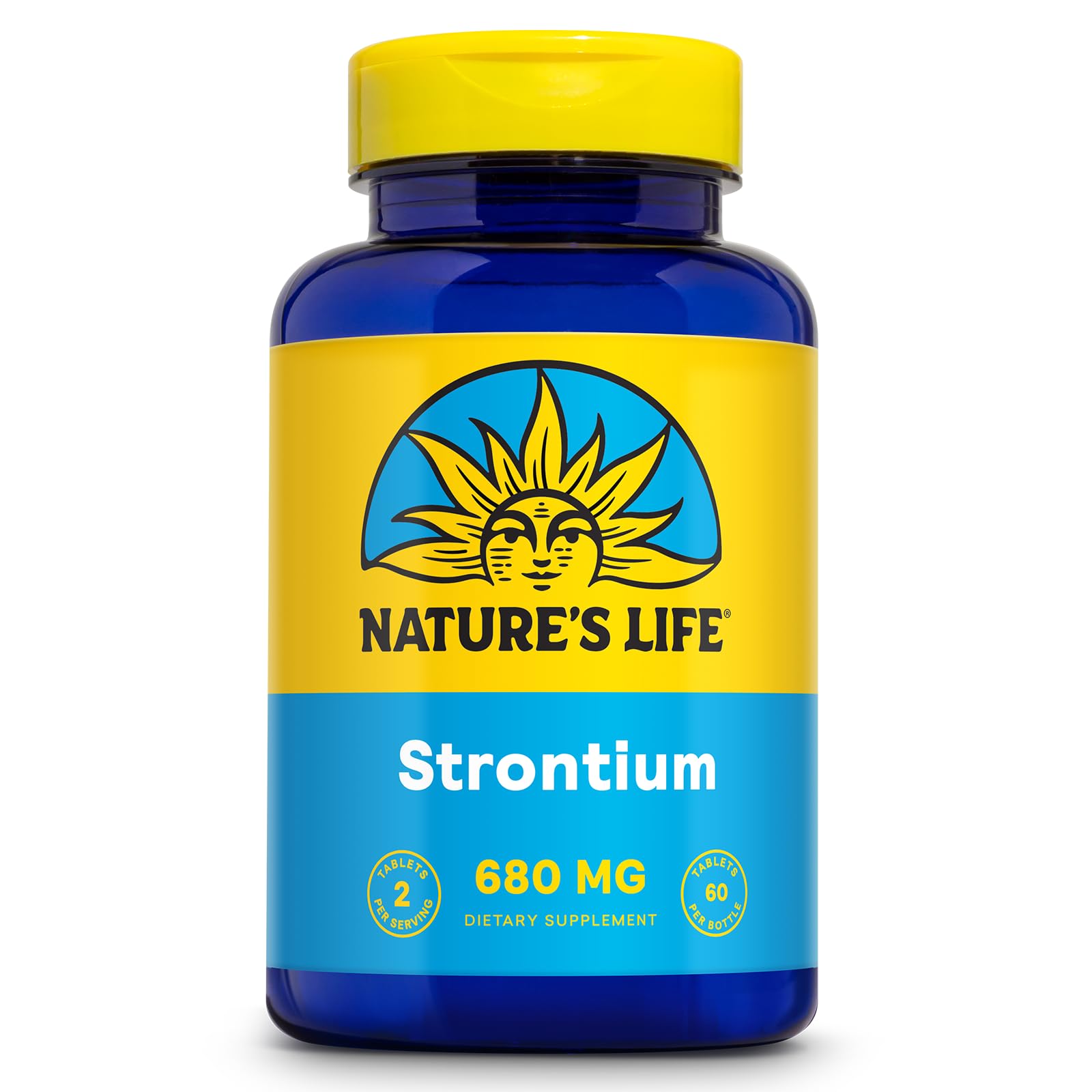 Nature's Life Strontium Citrate bottle showcases 680 mg formula and high absorption.