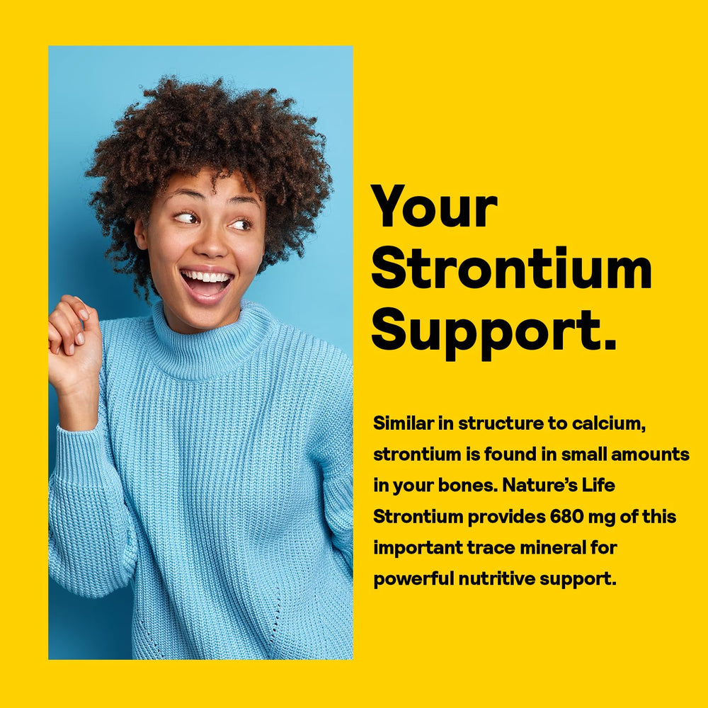 Label detail shows chelated strontium citrate with citric acid for bioavailability.