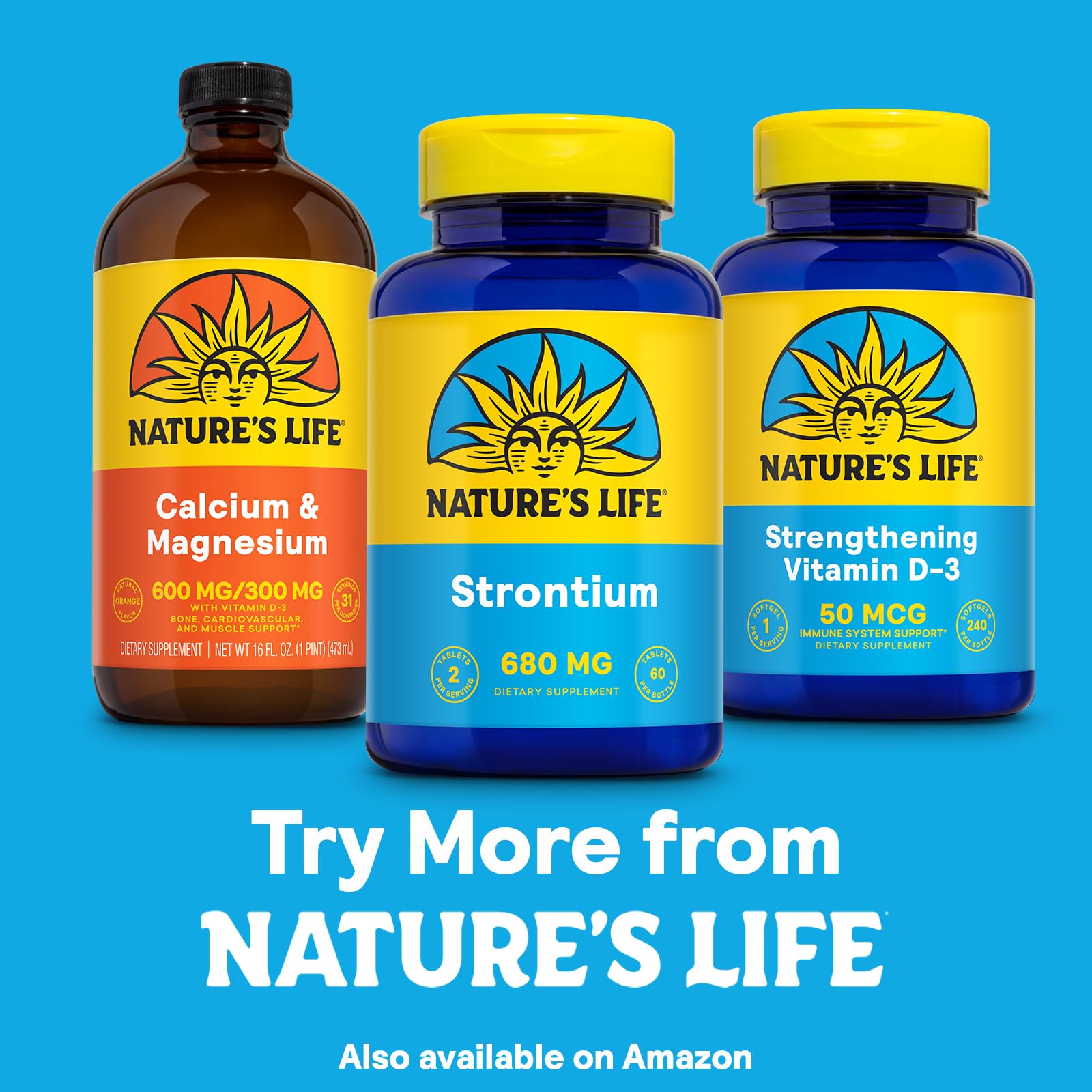 Packaging displays bone health focus and trusted Nature's Life branding.