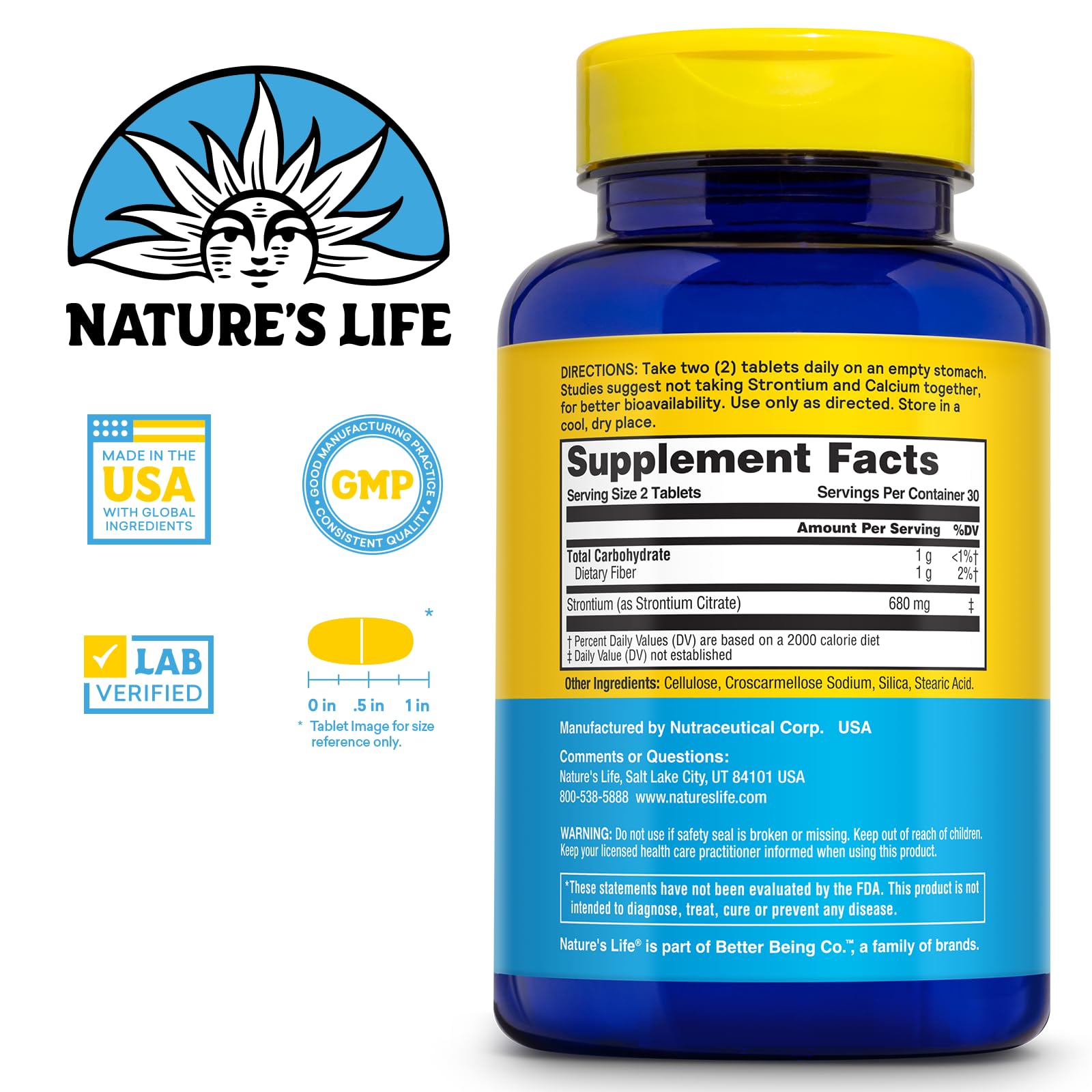 Close-up of Nature's Life Strontium Citrate tablets highlighting chelated form.