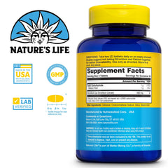 Close-up of Nature's Life Strontium Citrate tablets highlighting chelated form.