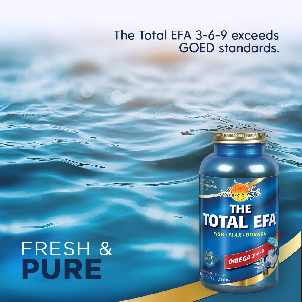 Nature's Life Total EFA Fish Oil bottle pour, convenient daily use.