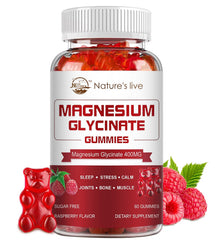 Nature's Live magnesium glycinate gummies bottle front for daily calm and raspberry flavor