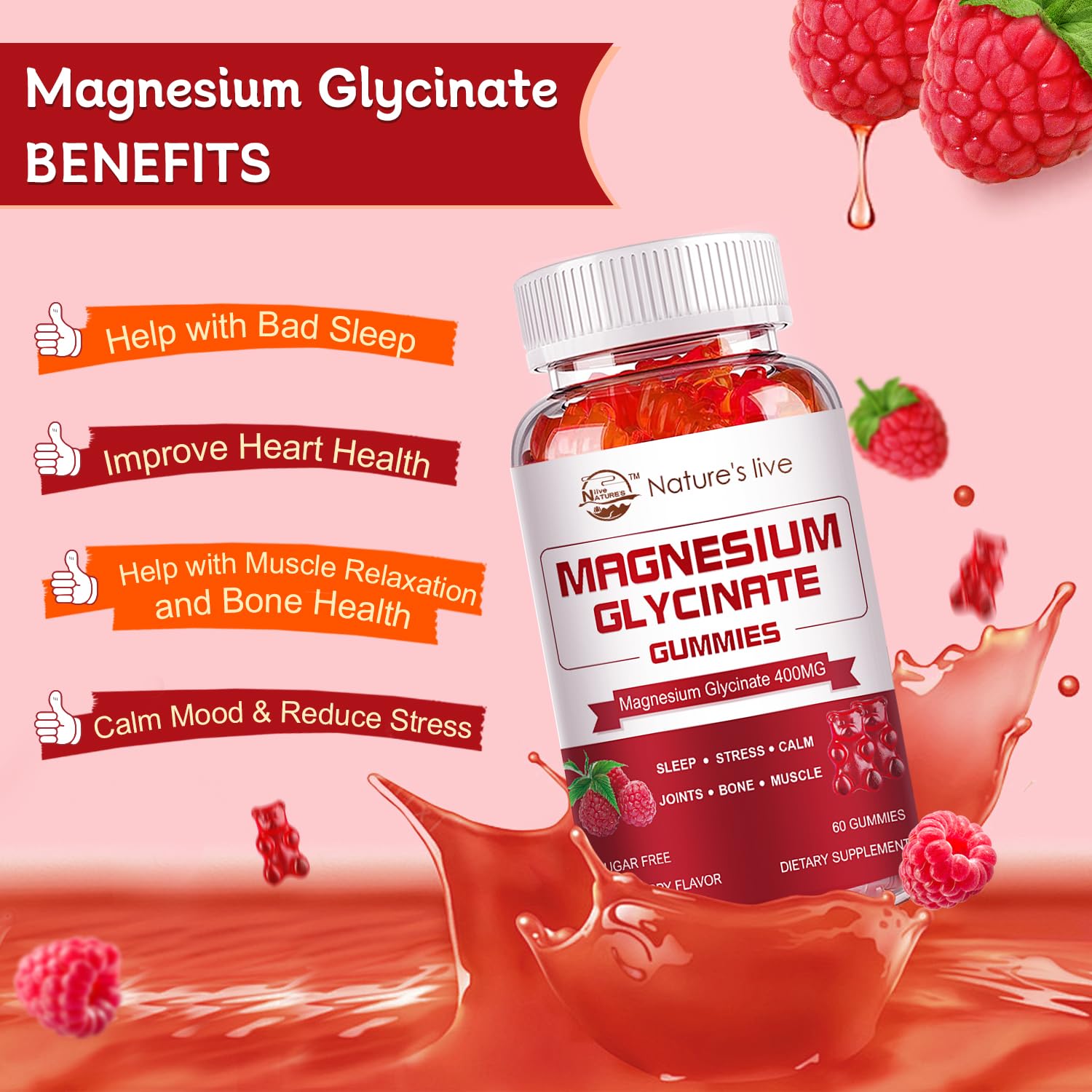 Nature's Live raspberry flavor gummies bottle highlights vegan-friendly, sugar-free formula