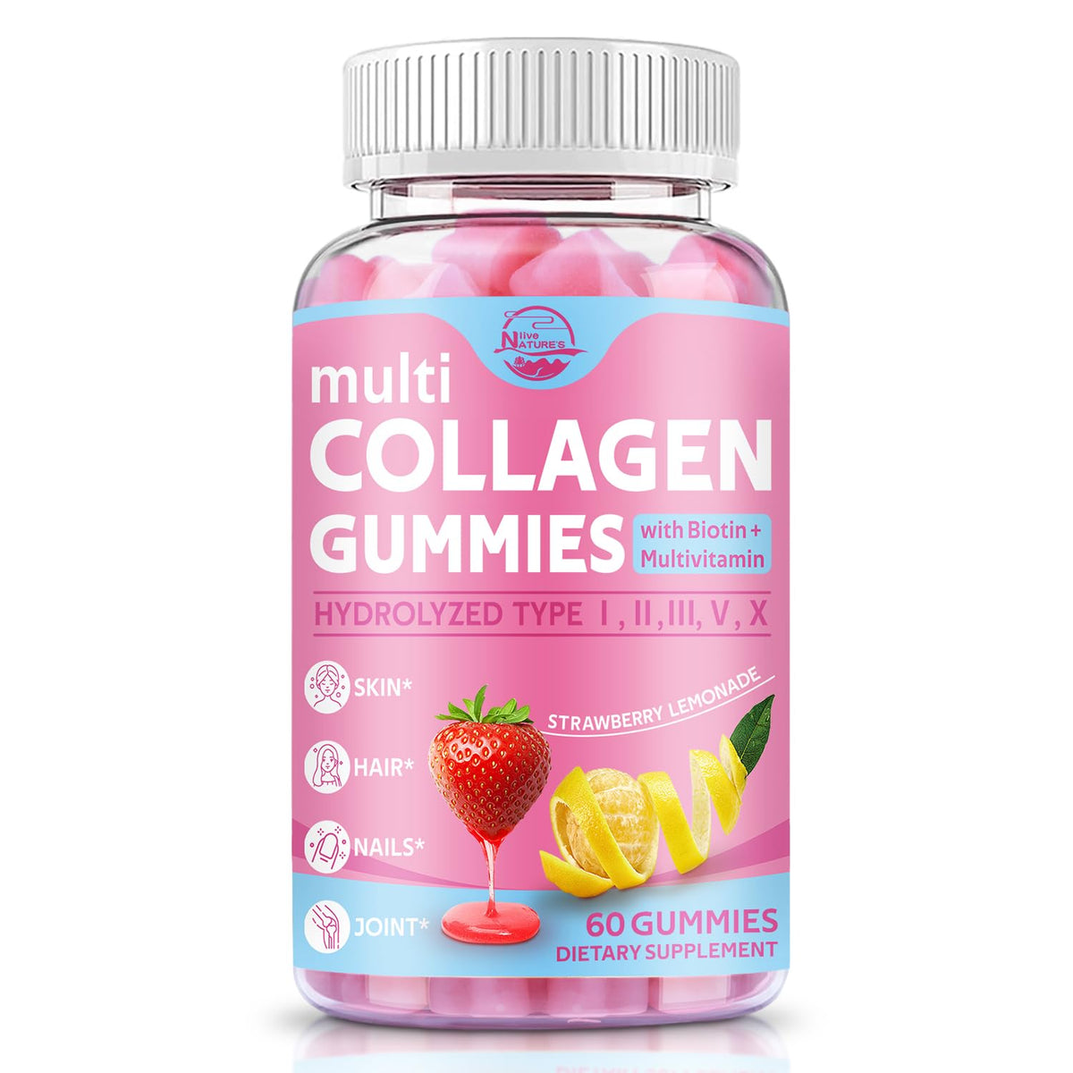 Nature's live Multi Collagen Gummies bottle showing complete collagen types for skin support.