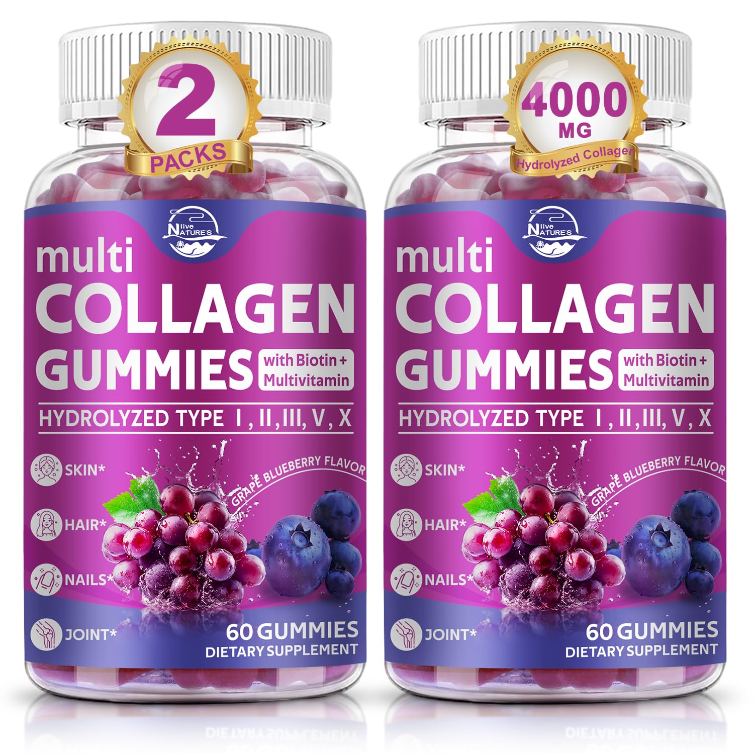 Nature's live Multi Collagen Gummies bottle on a counter highlighting convenient packaging.