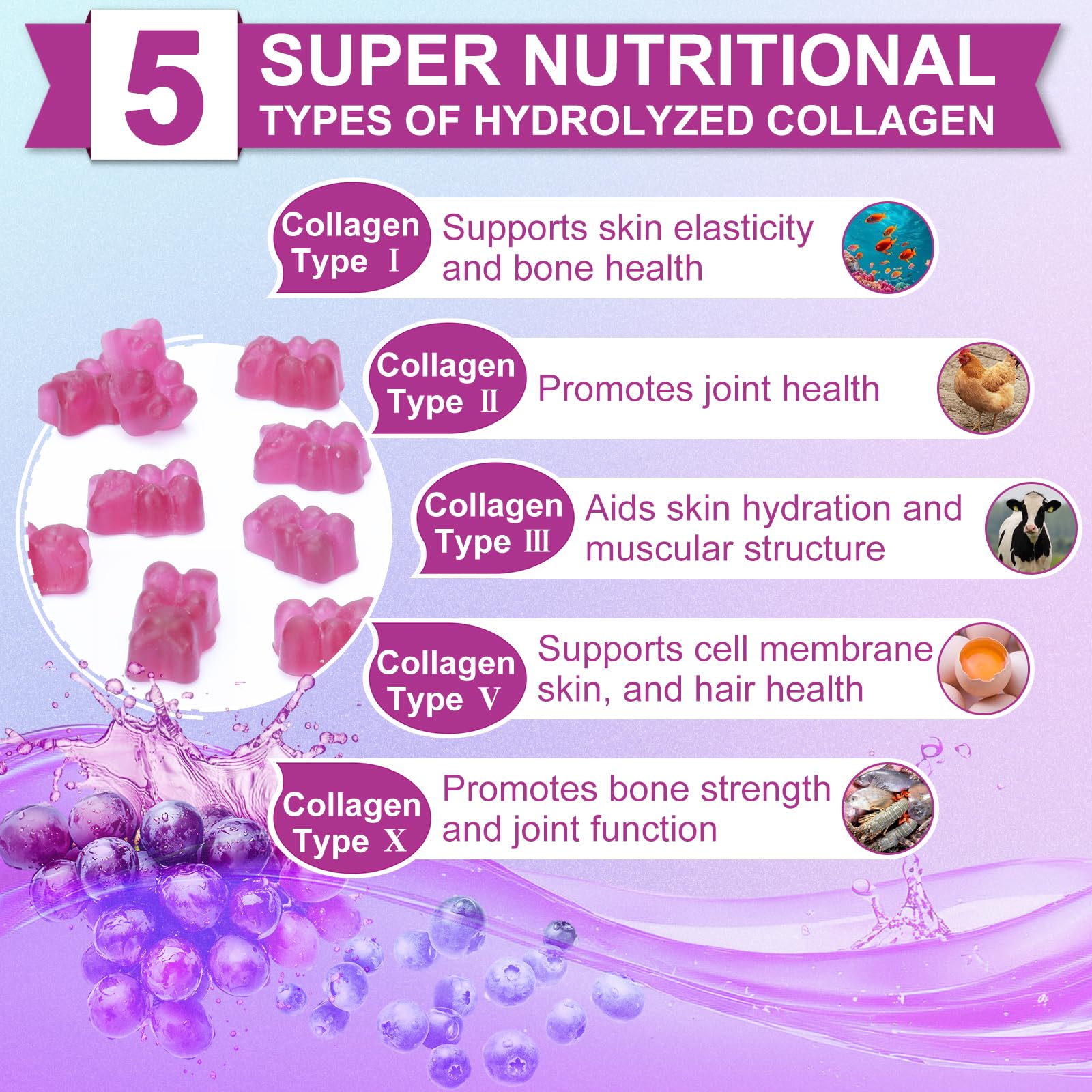 Closeup of Nature's live gummies highlighting grape blueberry flavor