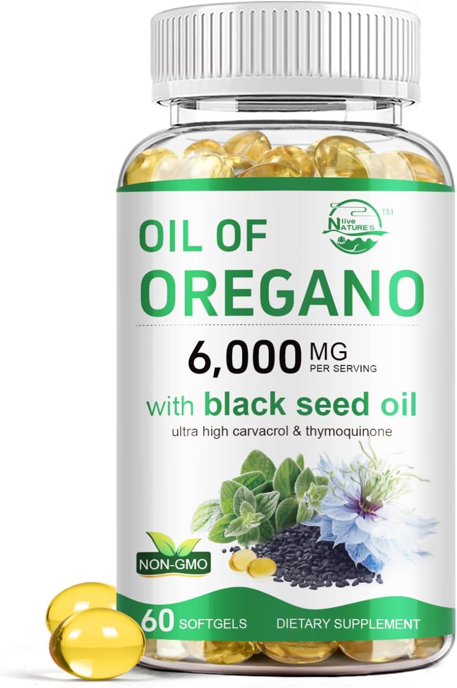 Nature's live Oil of Oregano softgels bottle highlighting oregano formula for immune support