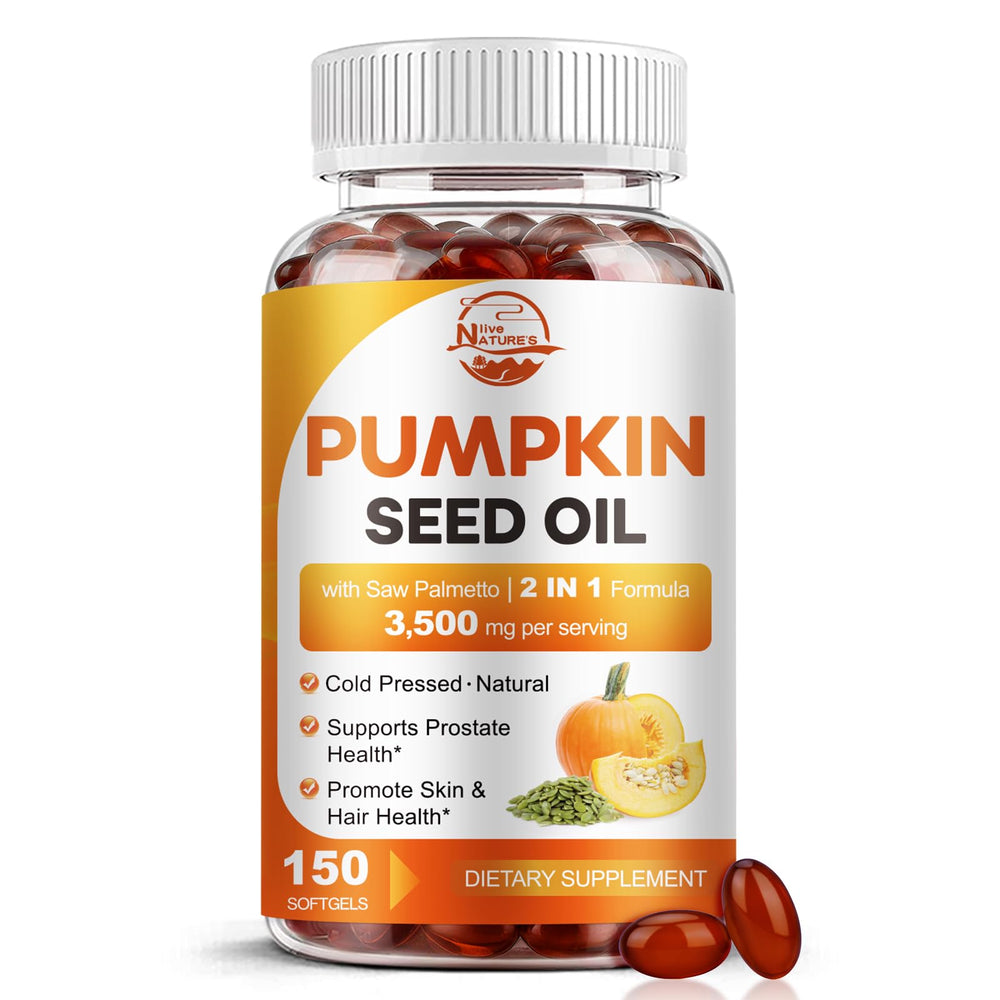 Nature's Live pumpkin seed oil softgels bottle supporting prostate health.