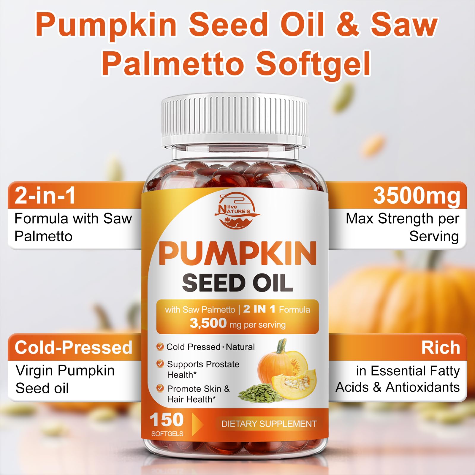 Nature's Live pumpkin seed oil softgels being poured for easy daily use.