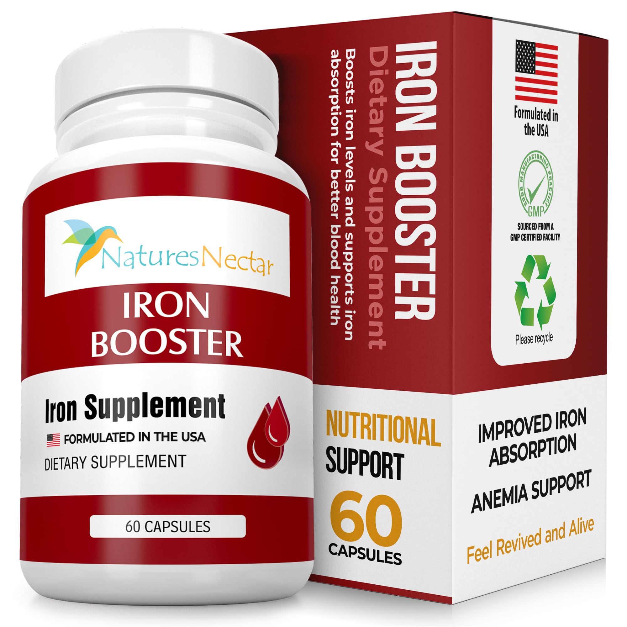 Nature's Nectar Blood Builder bottle front shows the iron supplement for daily support.