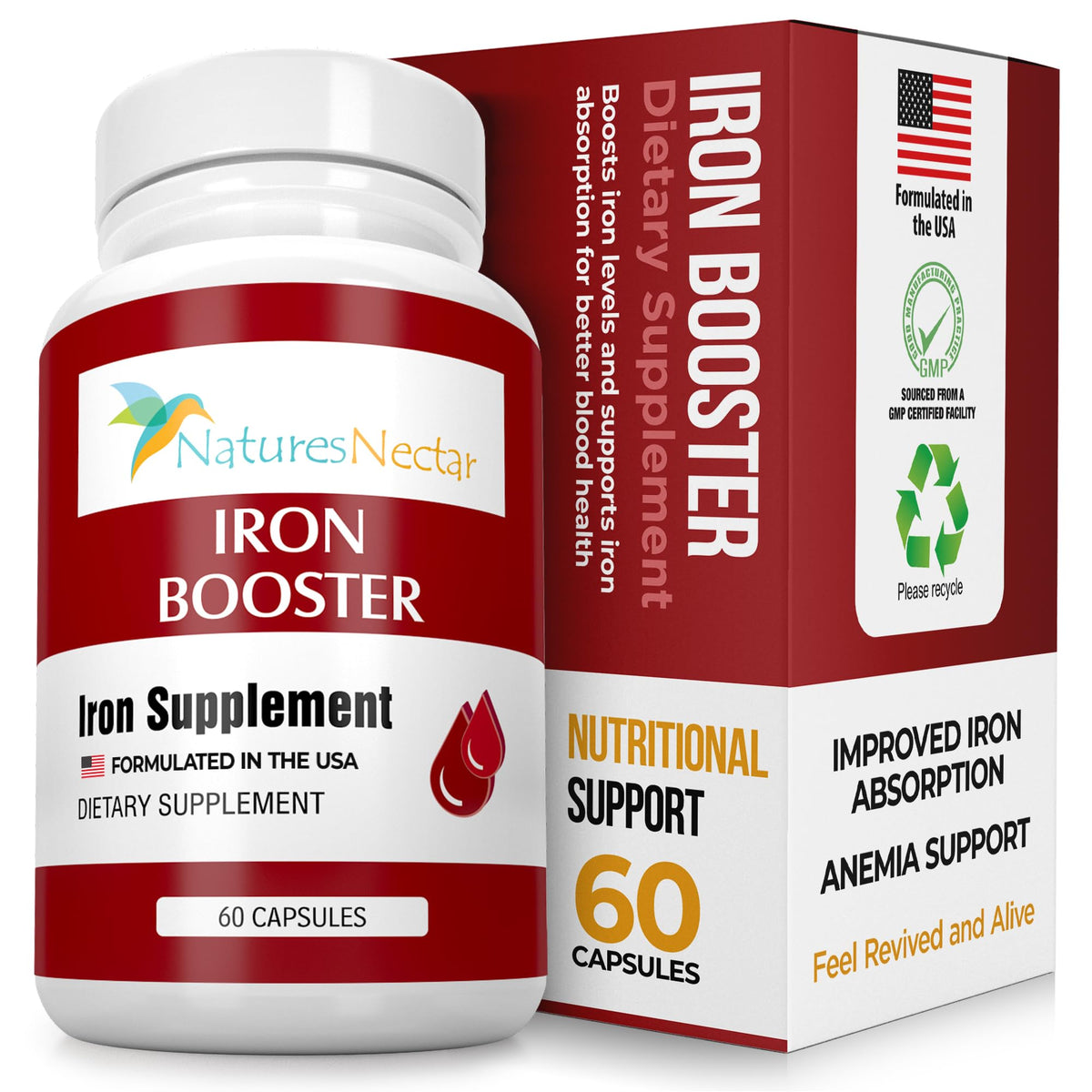 Nature's Nectar Blood Builder bottle front shows the iron supplement for daily support.