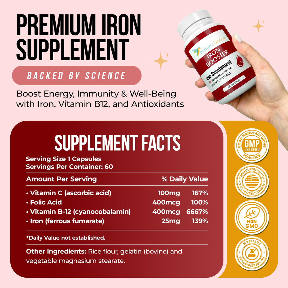 Nature's Nectar Blood Builder capsules close-up highlights slow-release delivery.