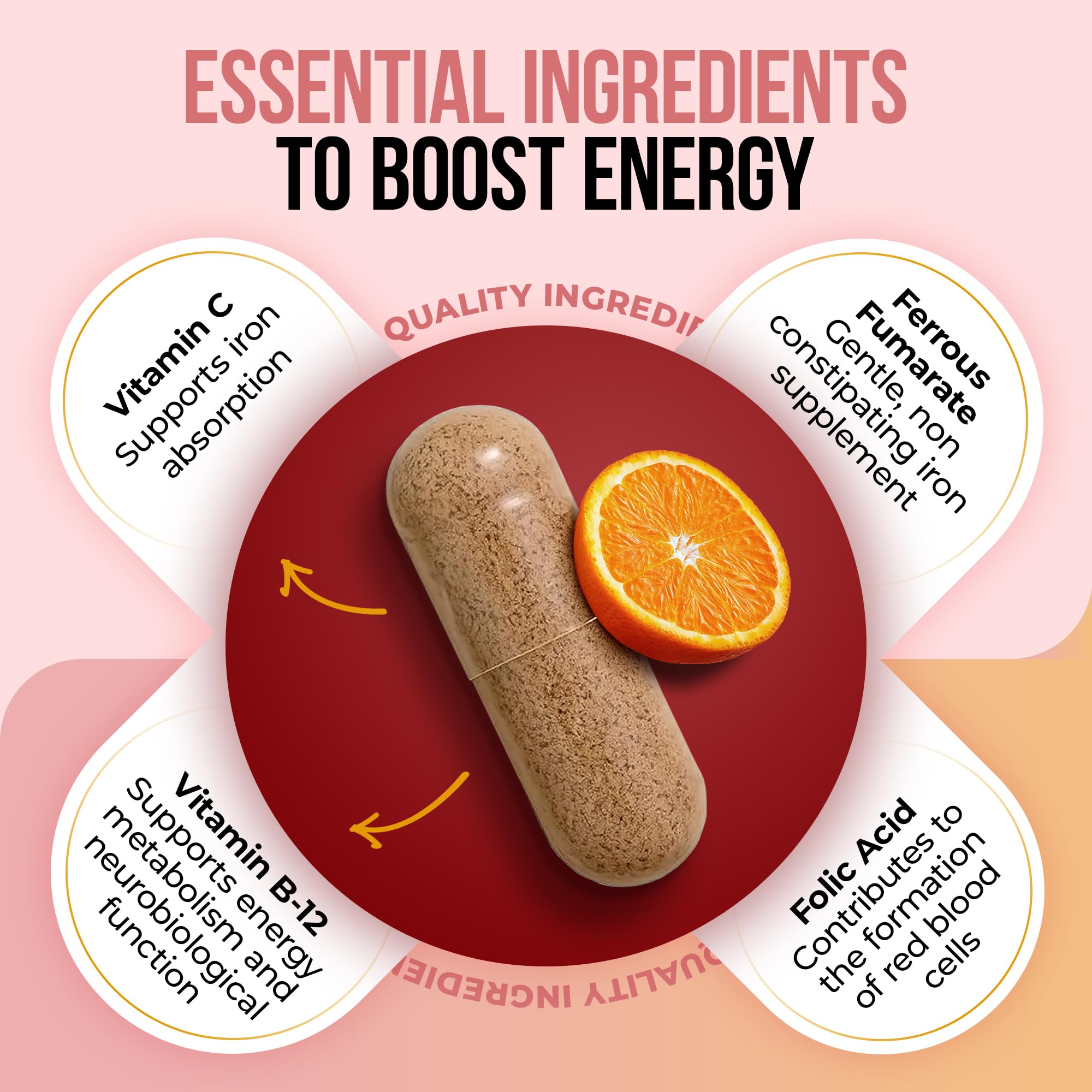 Nature's Nectar Blood Builder ingredients panel features B12, folic acid, and vitamin C for iron support.
