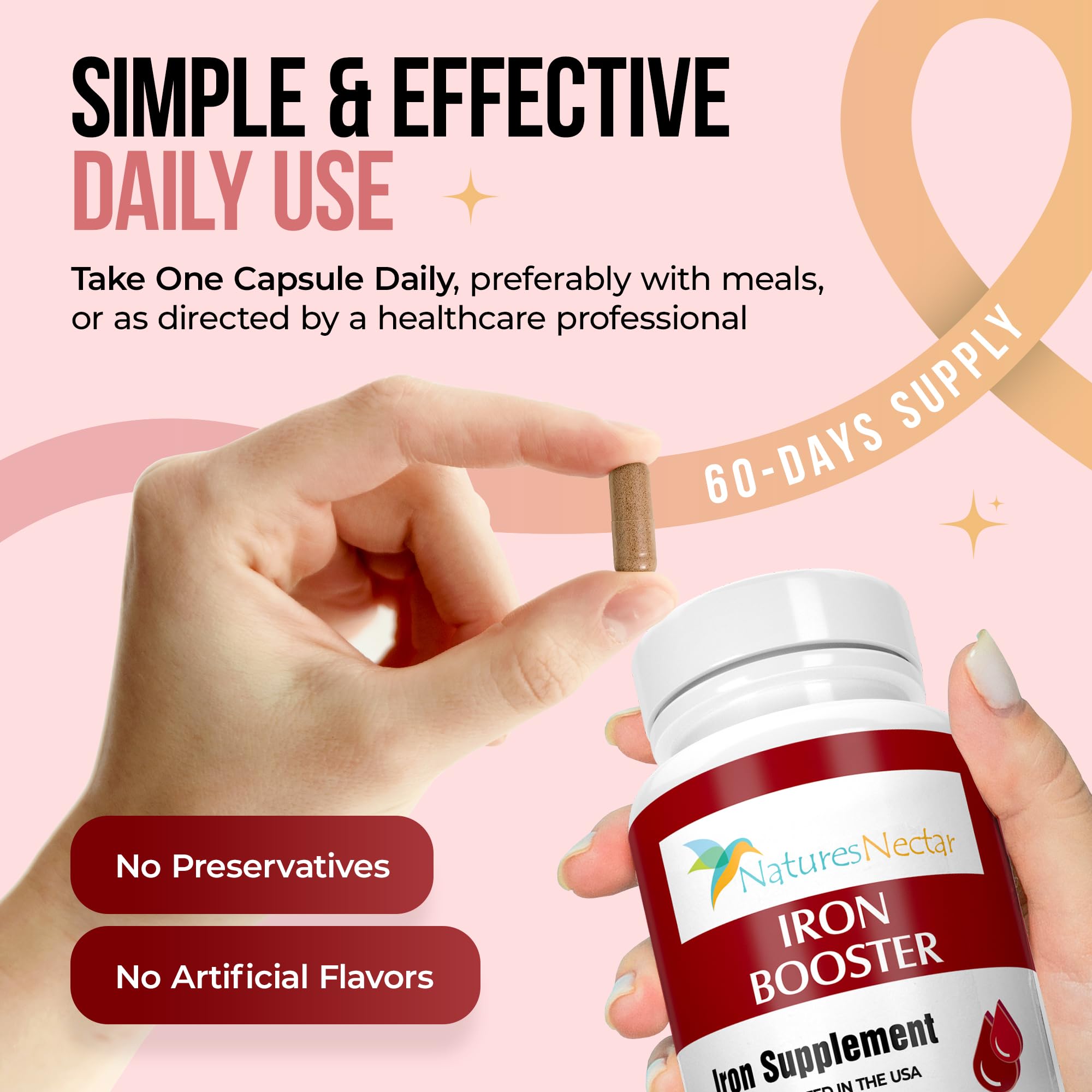 Nature's Nectar Blood Builder nutrition facts label highlights a complete iron-support blend.