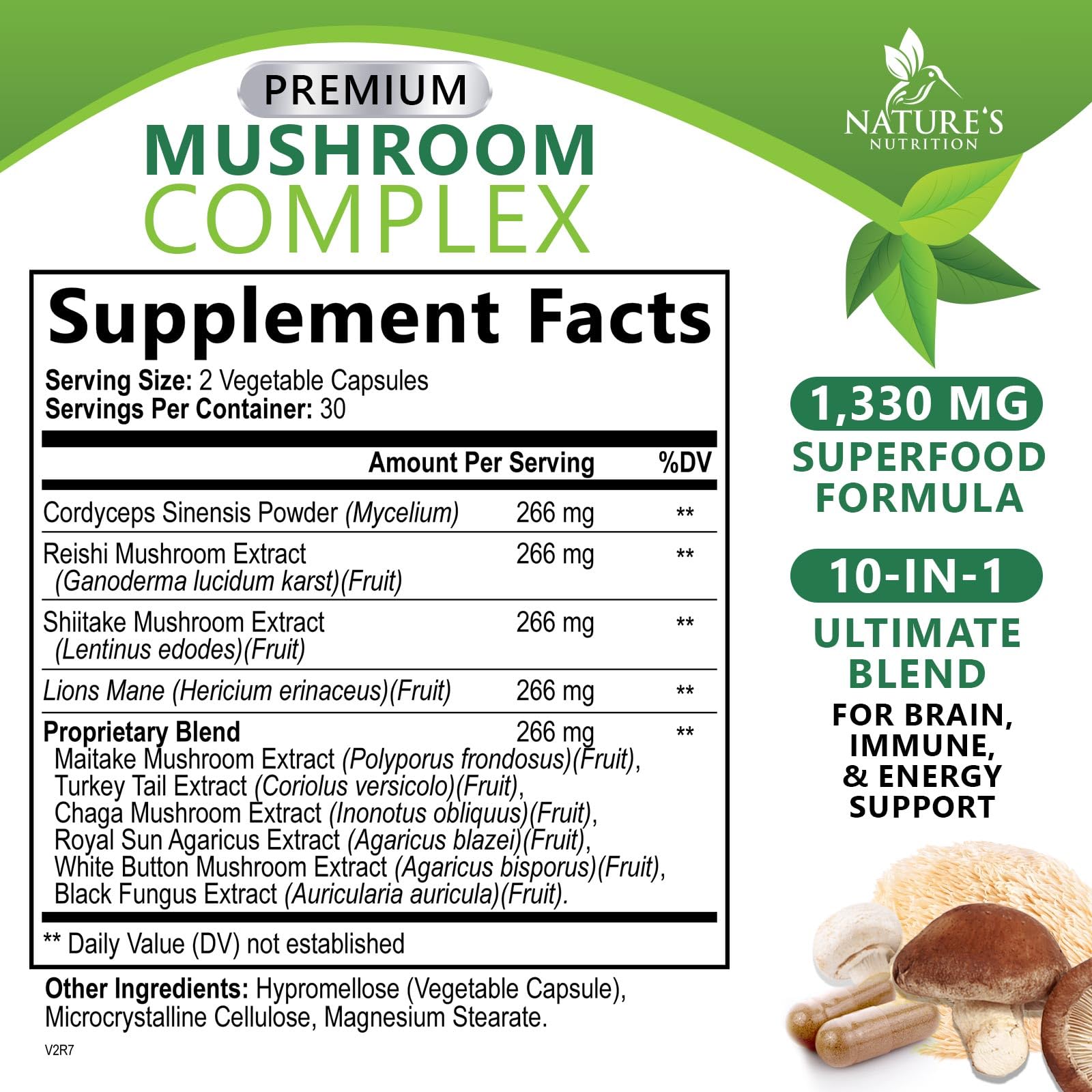 Nature's Nutrition bottle label closeup emphasizes brain health and everyday energy potential.