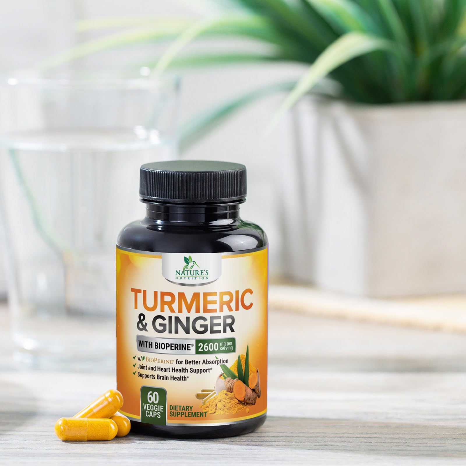Nature's Nutrition 60 capsules bottle on countertop.