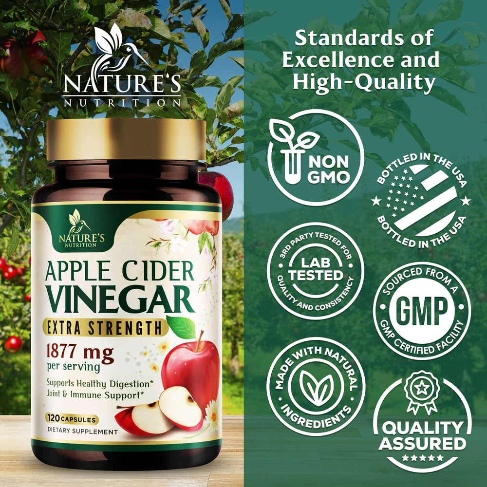 Nature's Nutrition Apple Cider Vinegar Capsules daily-use bottle, convenient alternative to liquid vinegar
