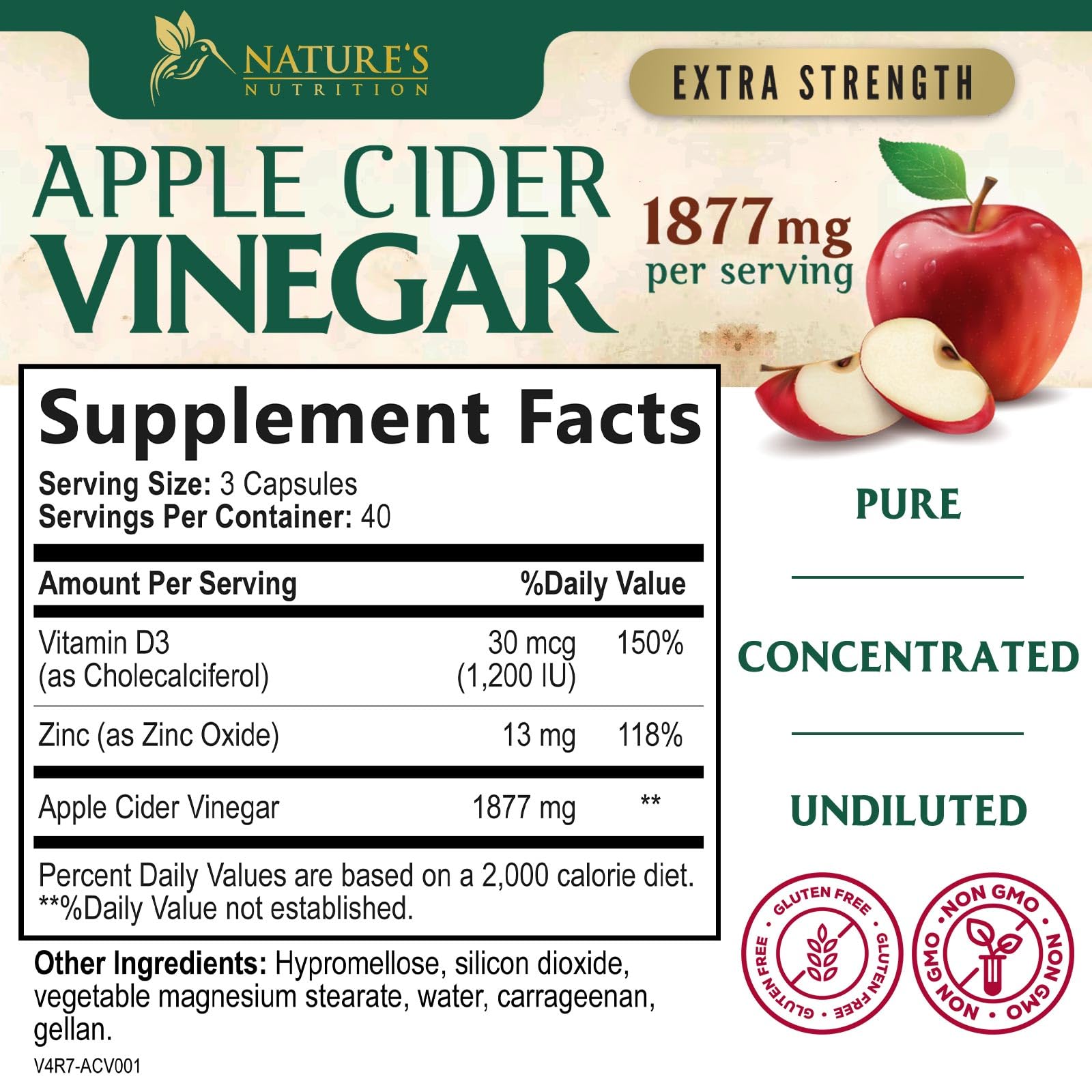 Nature's Nutrition ACV capsules pack closeup highlighting the 1877 mg strength
