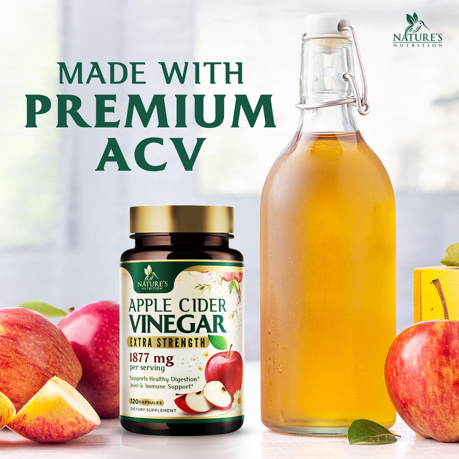 Nature's Nutrition ACV capsules on countertop, easy swallow for busy routines