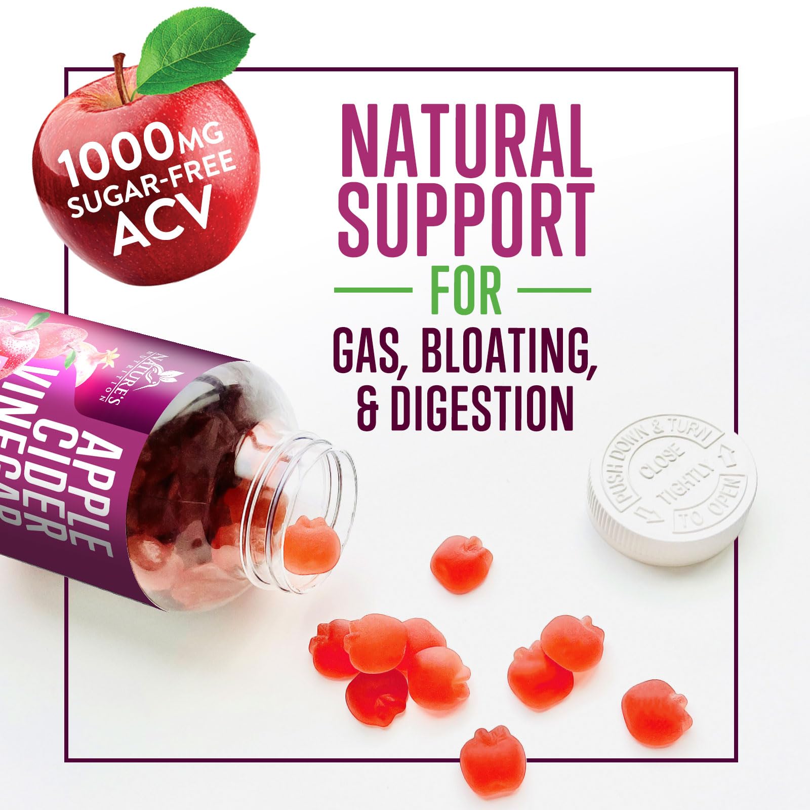 Nature's Nutrition 60-count bottle visible with nutrition label and gummies.