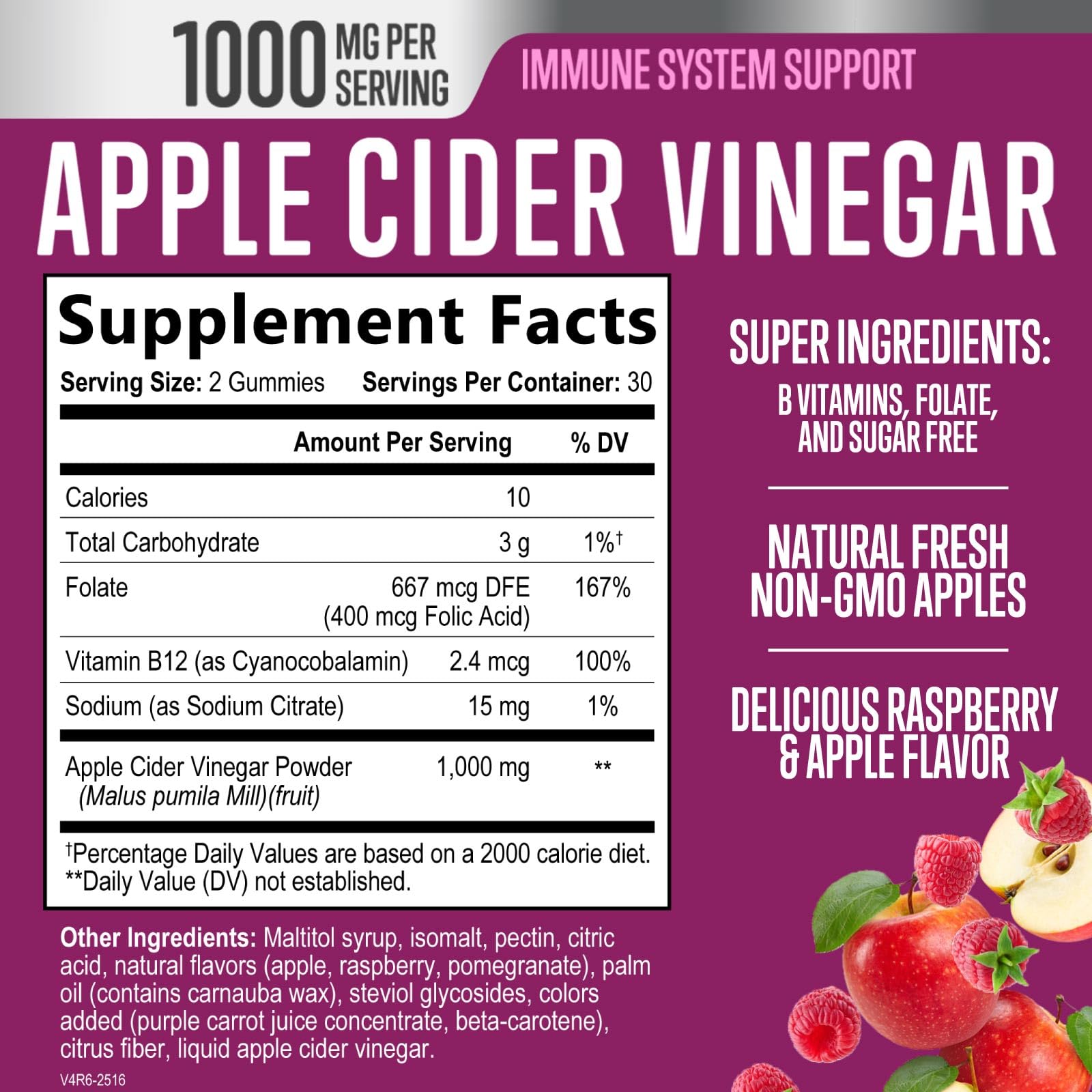 Closeup of the jar shows raspberry flavored, sugar-free ACV gummies for gentle digestion.