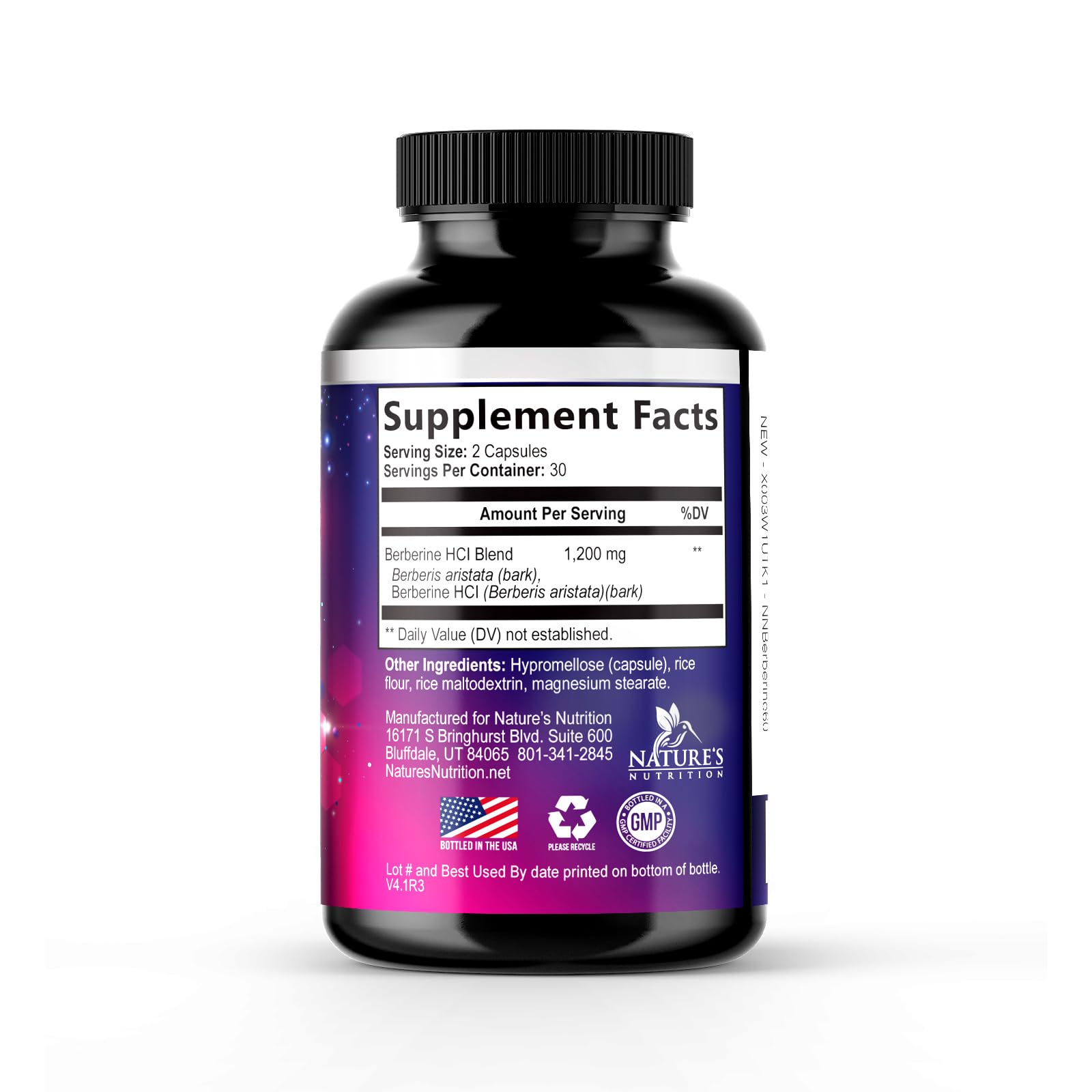 Cápsulas veganas y compactas de Nature's Nutrition Berberina HCL Blend, fácil de incorporar.
