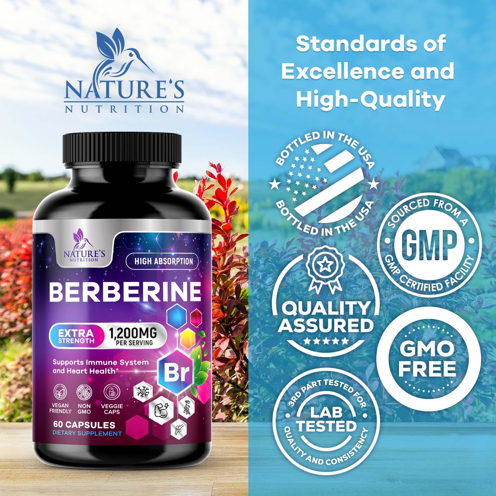 Dosis diaria de Nature's Nutrition Berberina HCL Blend, toma sencilla para rutina.