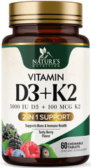 Nature's Nutrition berry flavored D3 K2 chewable tablet for easy daily bone support