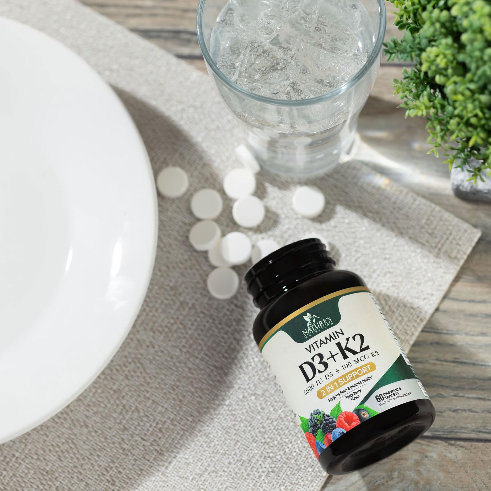 Nature's Nutrition berry-flavored D3 K2 chewables in a bottle