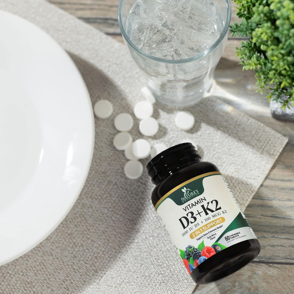 Nature's Nutrition berry-flavored D3 K2 chewables in a bottle