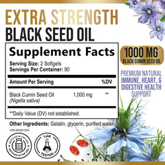 Nature's Nutrition Black Seed Oil Capsules 1000mg bottle label closeup emphasizes purity and ingredients