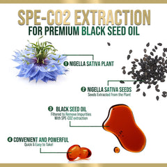 Nature's Nutrition Black Seed Oil Capsules 1000mg capsules inside bottle illustrate convenient daily supplement
