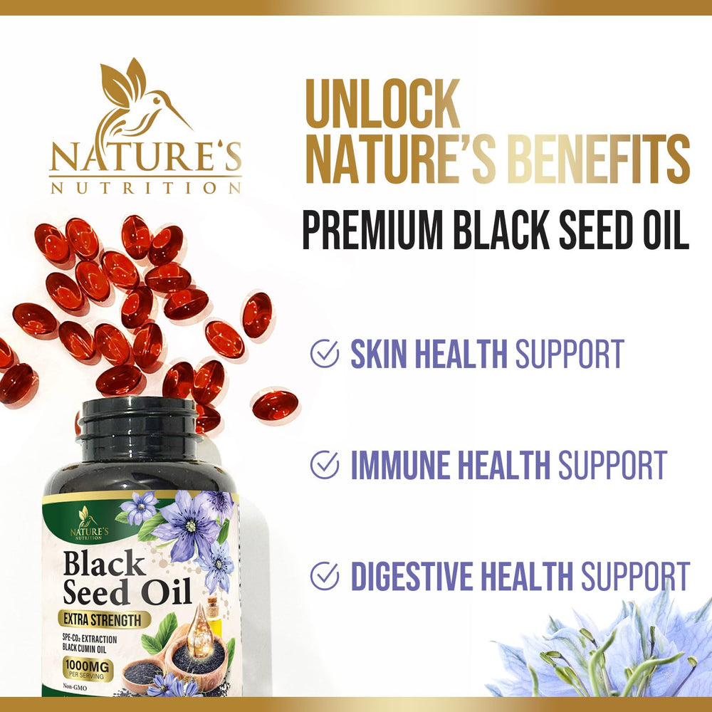 Nature's Nutrition Black Seed Oil Capsules 1000mg closeup reveals thymoquinone rich oil in the softgels