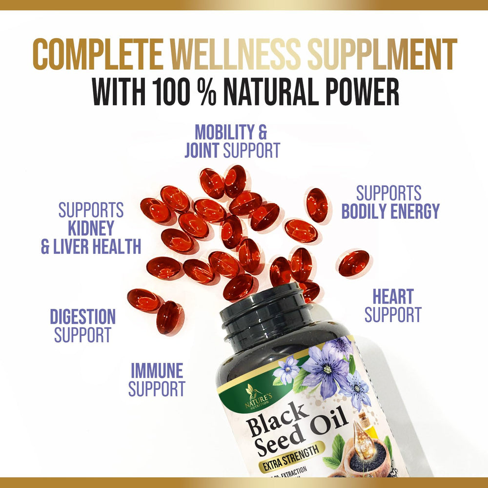Nature's Nutrition Black Seed Oil Capsules 1000mg daily routine use suggests easy incorporation