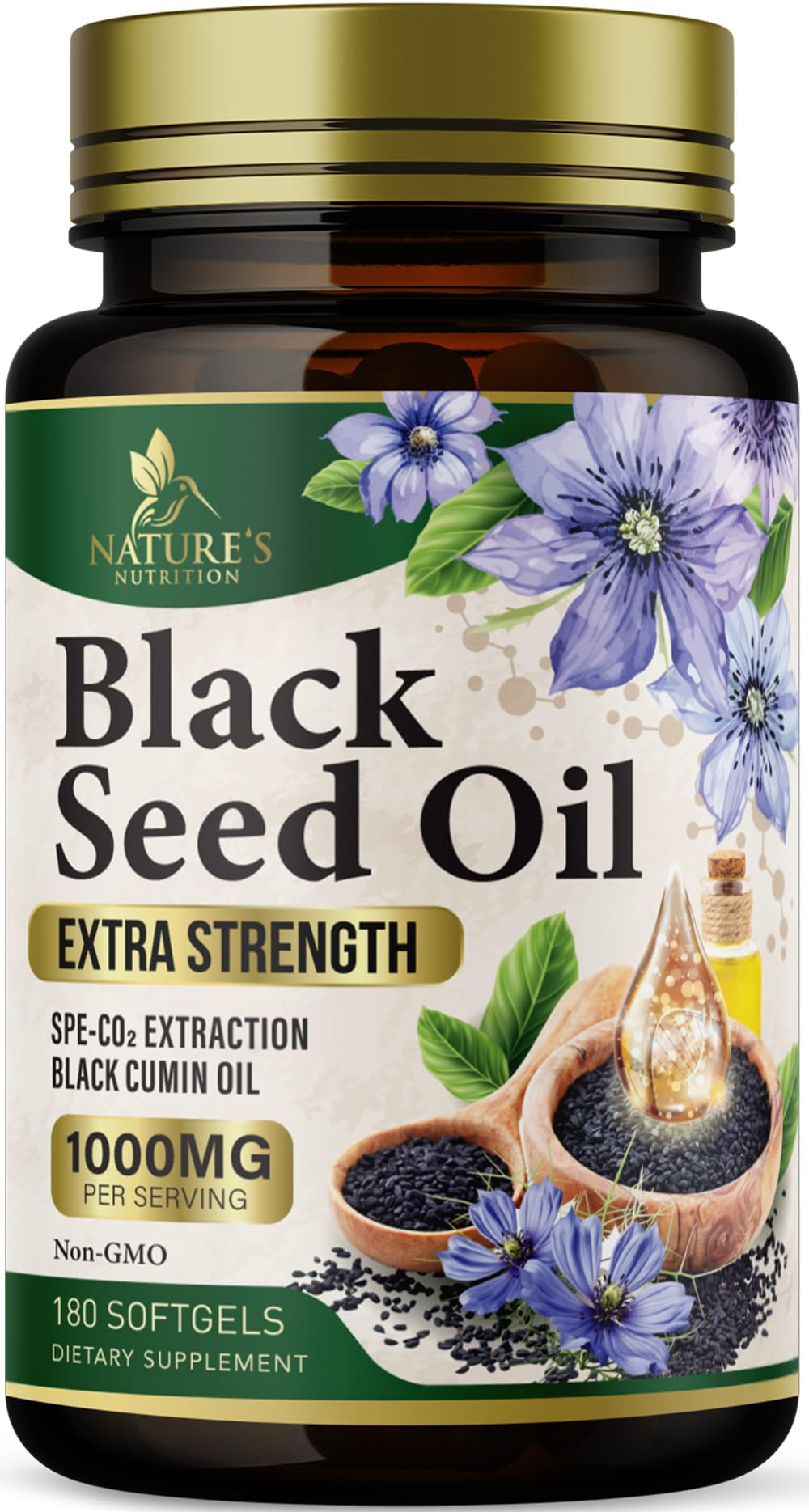 Nature's Nutrition Black Seed Oil Capsules 1000mg front view bottle highlights premium softgels for daily wellness