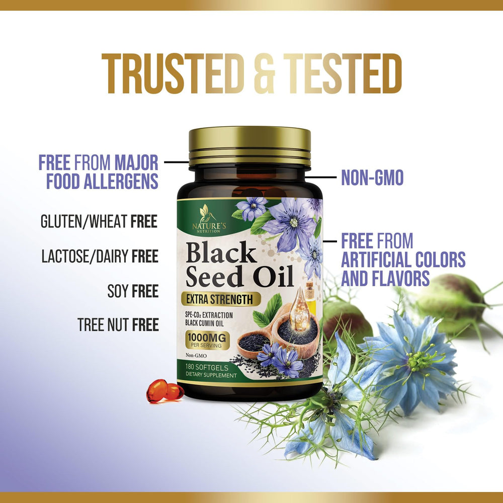 Nature's Nutrition Black Seed Oil Capsules 1000mg immune support concept signifying potential daily wellness benefits