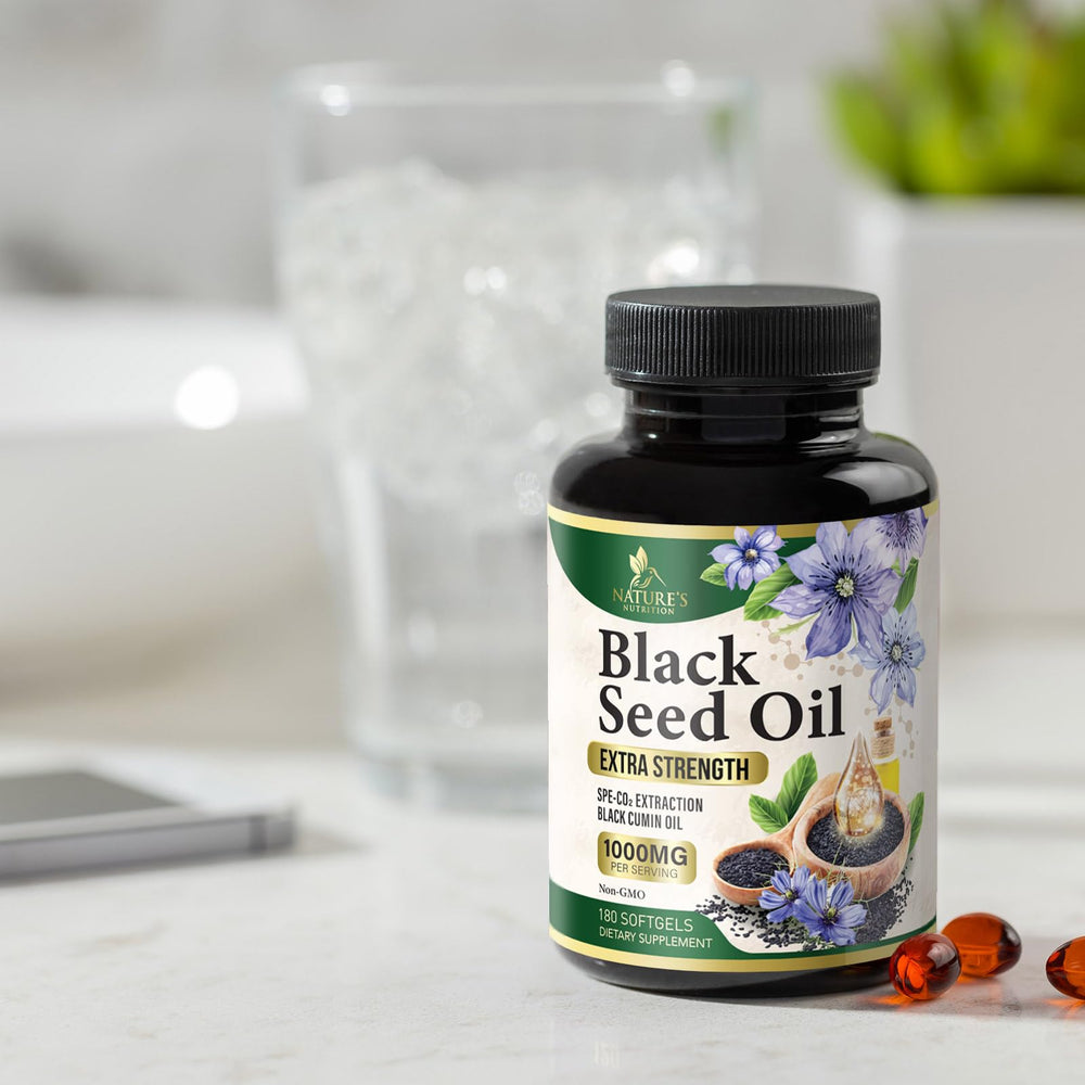 Nature's Nutrition Black Seed Oil Capsules 1000mg vegan softgels offer clean gluten free supplementation