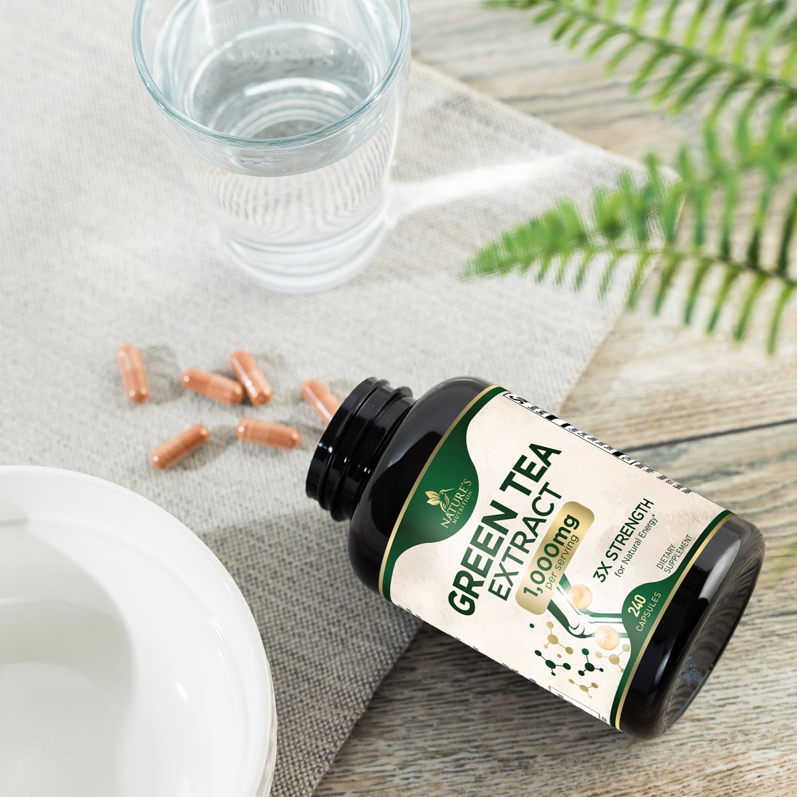 Nature's Nutrition bottle angled on a surface for everyday use.