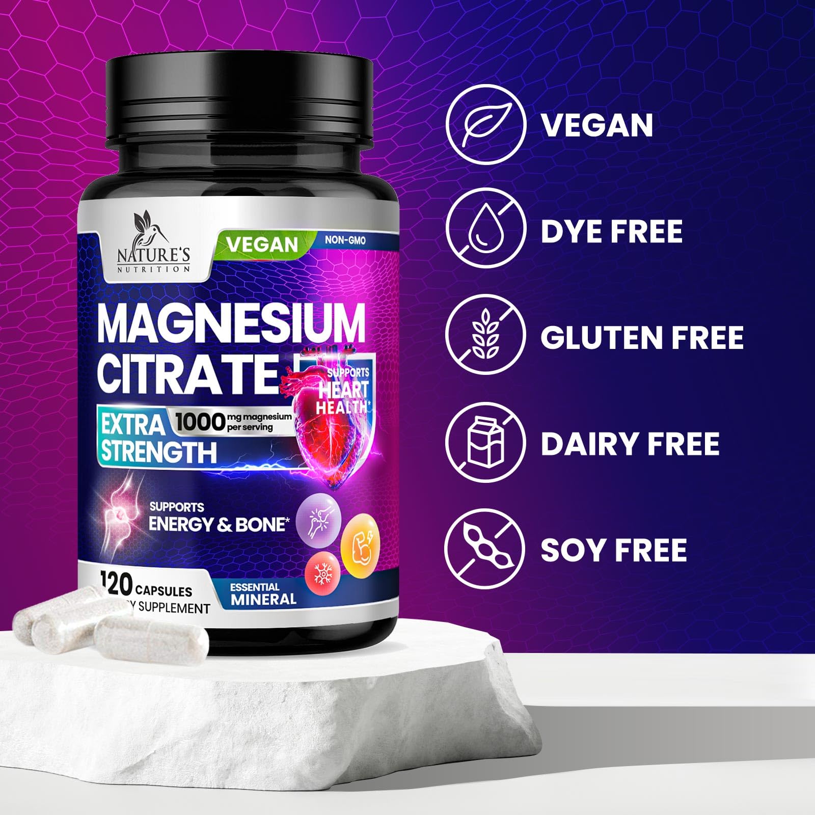 Nature's Nutrition bottle with glass of water supports easy daily magnesium intake.