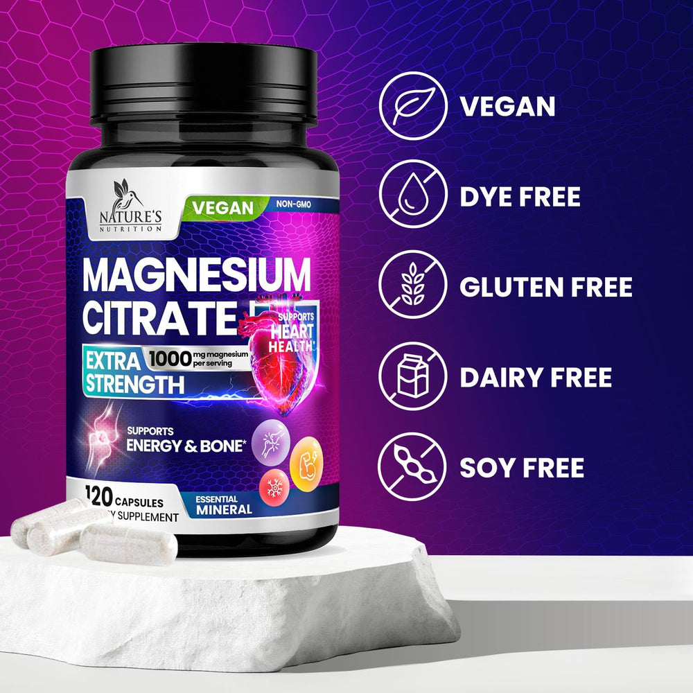 Nature's Nutrition bottle with glass of water supports easy daily magnesium intake.
