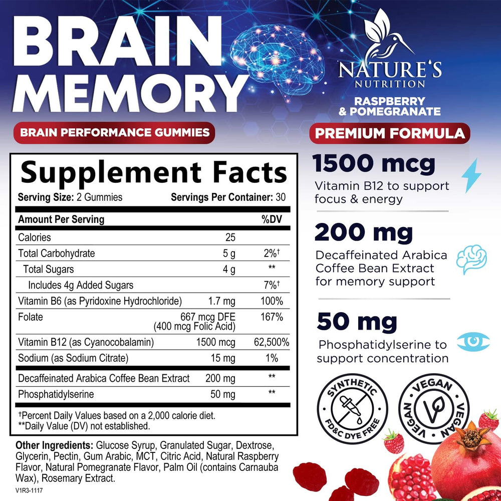 Nature's Nutrition Brain Gummies closeup highlights chewy texture for cognitive support.