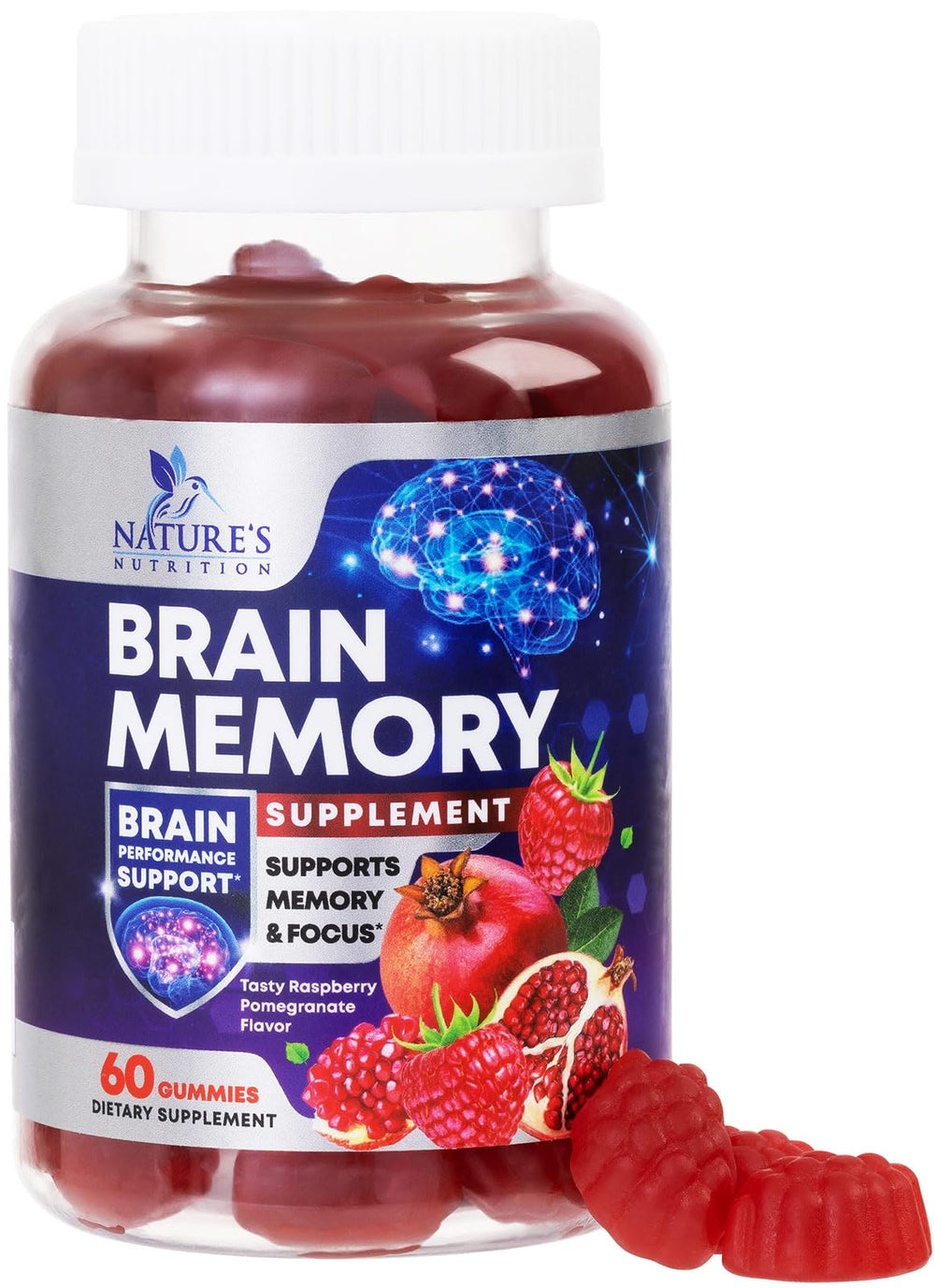 Nature's Nutrition Brain Gummies bottle promotes daily focus and mental clarity.