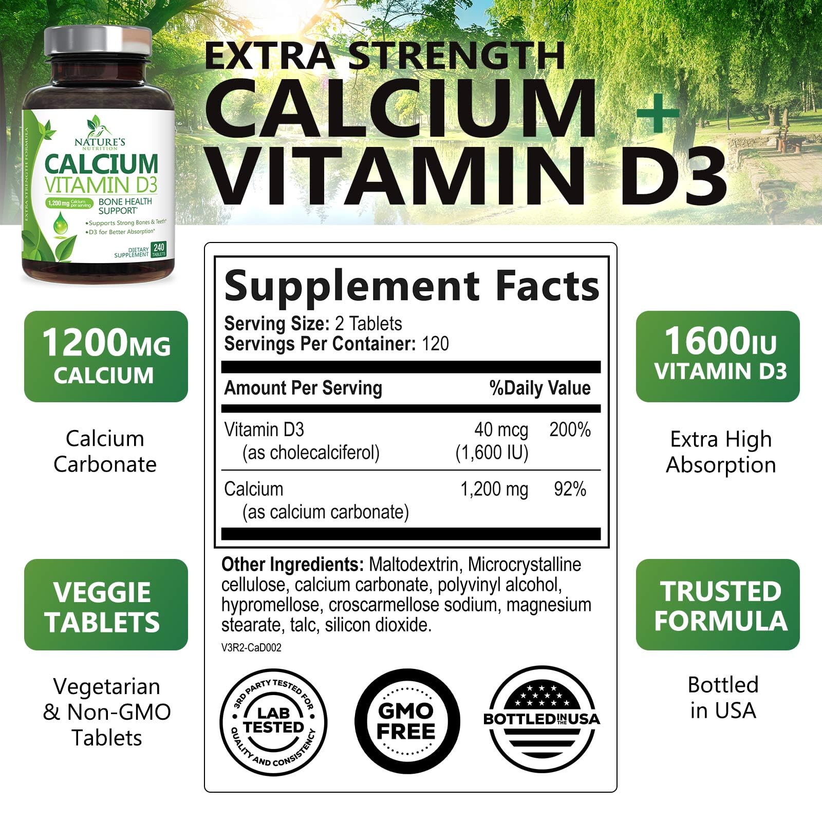 Close-up of Nature's Nutrition calcium 1200mg tablets showing their compact shape