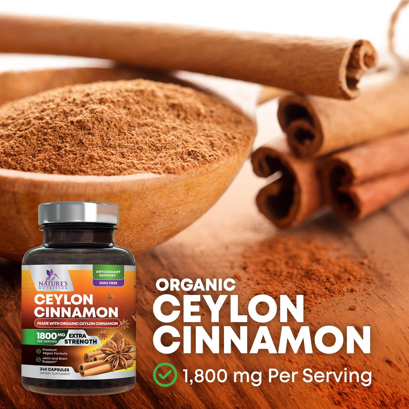 Close-up of Nature's Nutrition cinnamon capsules emphasizing antioxidant-rich formula