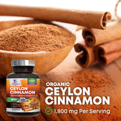 Close-up of Nature's Nutrition cinnamon capsules emphasizing antioxidant-rich formula