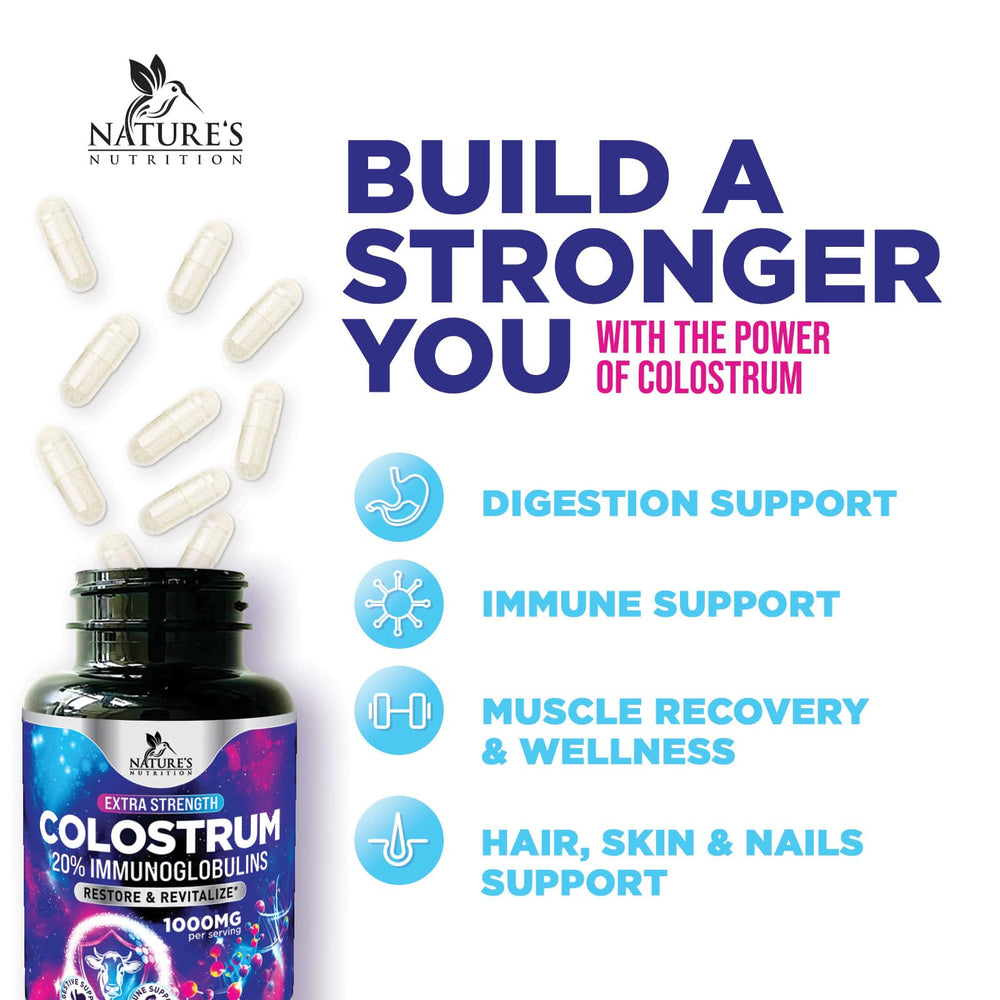 Nature's Nutrition Colostrum powder ingredients list emphasizes 1000mg per serving.