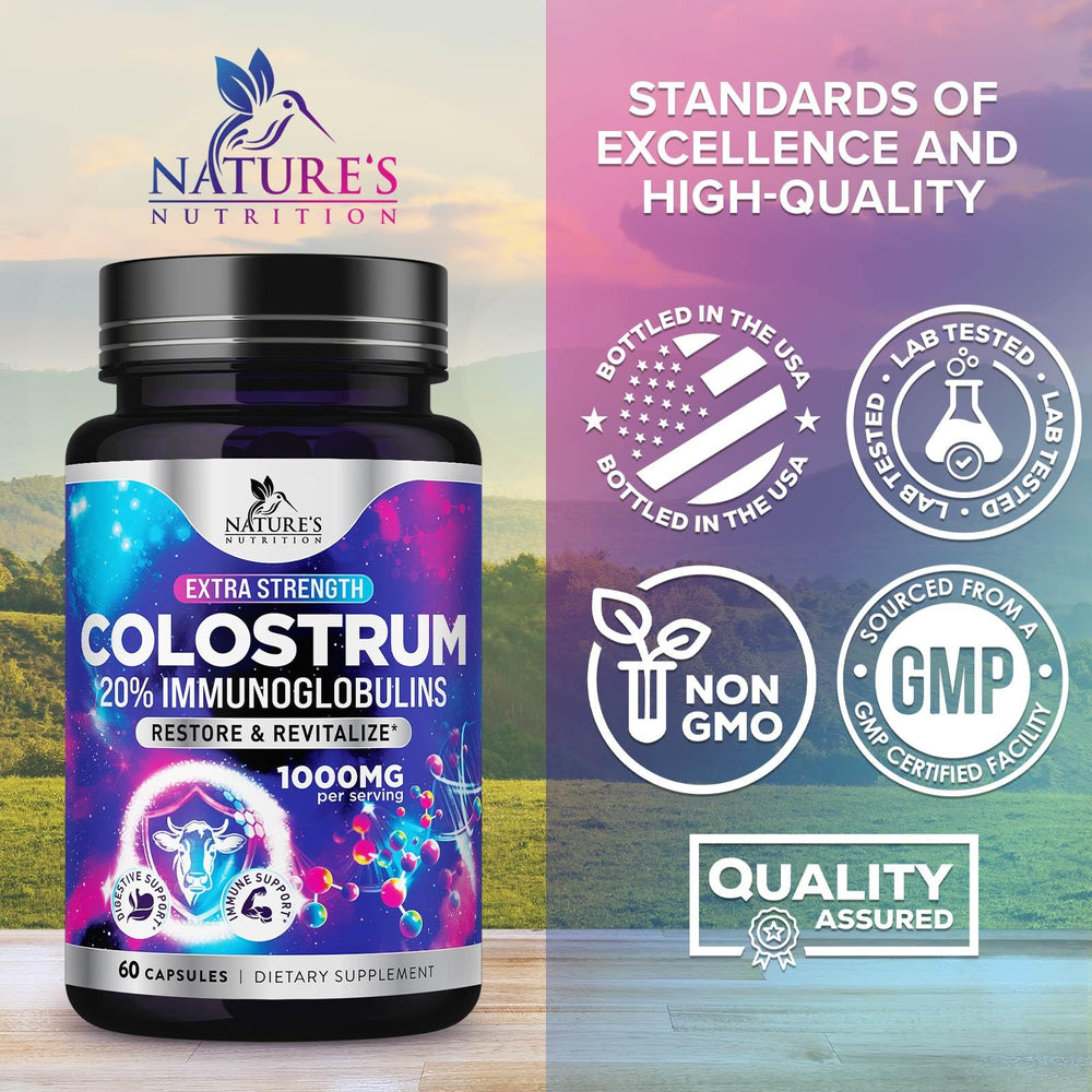 Nature's Nutrition Colostrum powder gluten-free label highlights allergen-conscious choices.