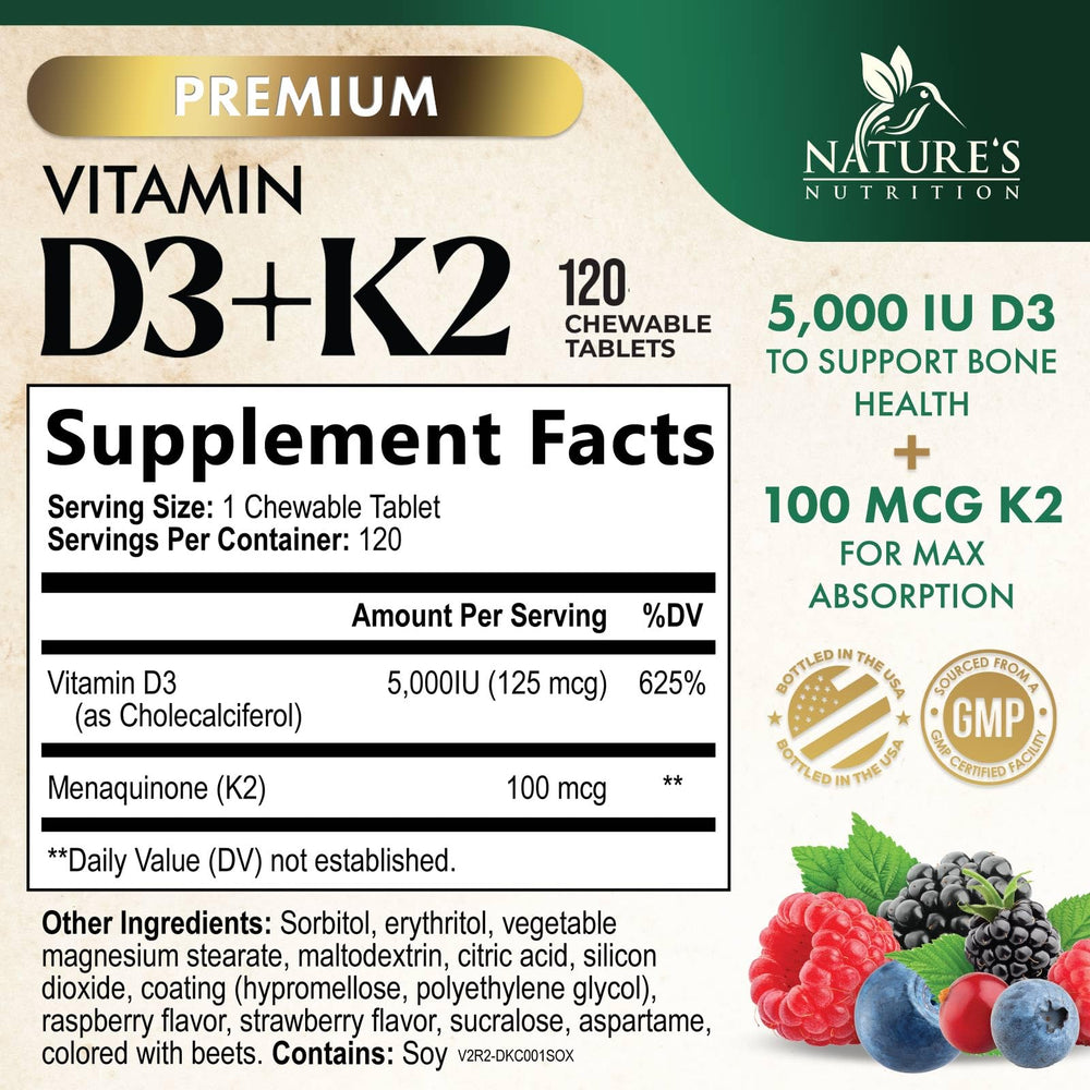 Nature's Nutrition D3 K2 5000 IU bottle showing easy-to-chew tablets.