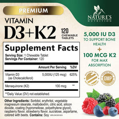 Nature's Nutrition D3 K2 5000 IU bottle showing easy-to-chew tablets.